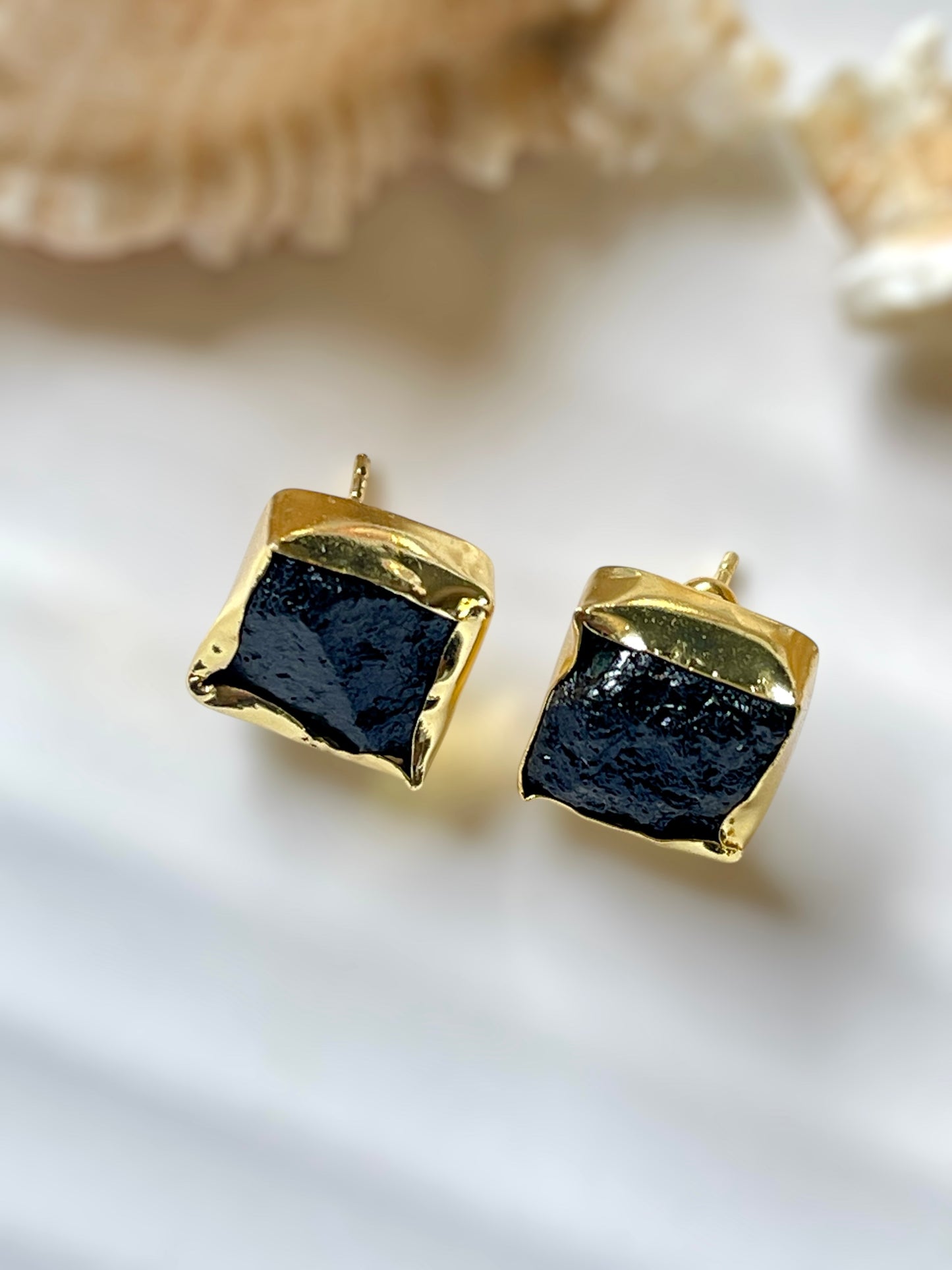 Mini Black Tourmaline Raw Stone Earrings