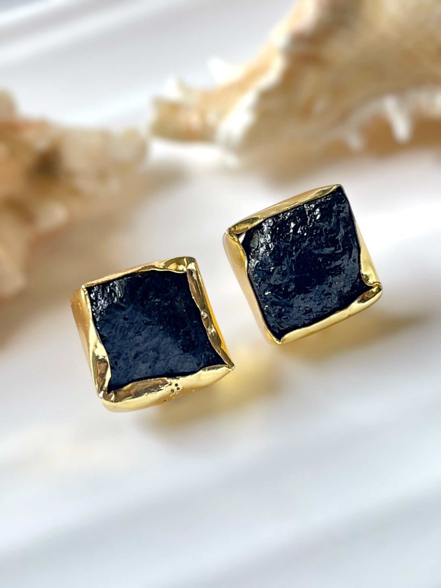 Mini Black Tourmaline Raw Stone Earrings